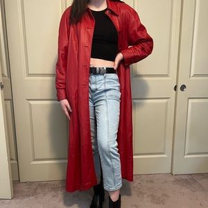 vintage damselle NY red leather trench coat size medium